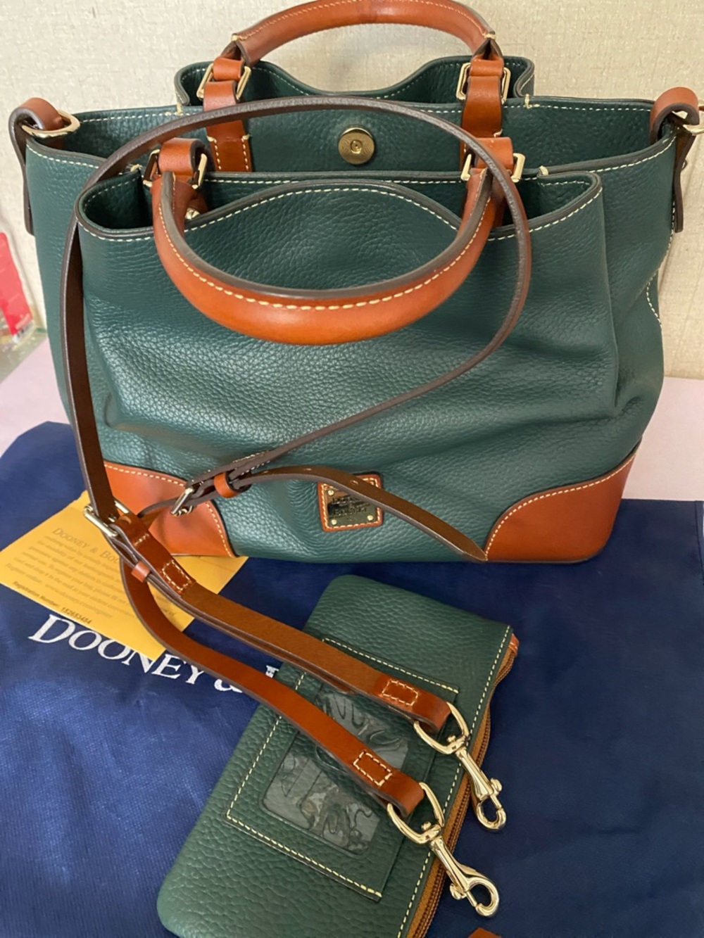 Dooney & Bourke Green Leather Tote with Brown Trim and Matching Pouch - Picture 13 of 13